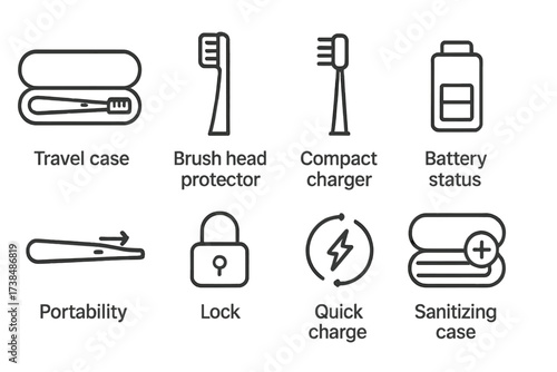 Electric Toothbrush Essentials Icons. Outline icon set of electric toothbrush travel essentials: travel case, brush head protector, compact charger, battery