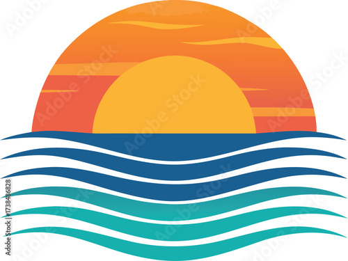 Vector art of vibrant sunset over the ocean illustration, featuring warm colors and serene waves, ideal for tropical vacation, coastal scenery, and relaxing summer themes