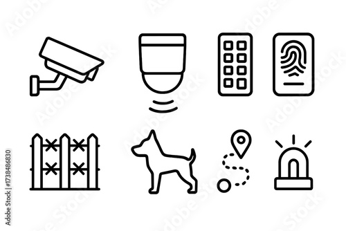 Bunker Security Icons. Outline icon set of bunker security systems: CCTV camera, motion sensor, keypad lock, biometric scanner, security fence, guard dog,