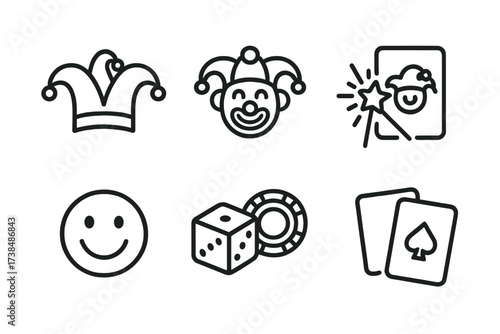 Jester Symbols Icon Set. Outline icon set of jester symbols: jester hat, clown face, magic wand, joker card, smiley face, dice, poker chips, playing cards.
