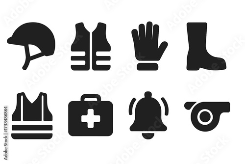 Riding Safety Icons. Solid, filled icon set of riding safety: helmet, vest, gloves, boots, reflective vest, first aid kit, bell, whistle. Solid, filled icons