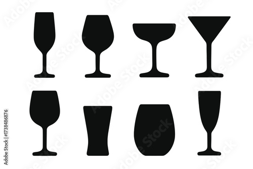 Champagne Glass Icon Set. Solid, filled icon set of champagne glassware: flute, tulip, coupe, cocktail glass, wine glass, shot glass, stemless glass, plastic