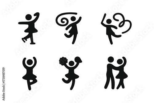 Sports Twirl Icon Set. Solid, filled icon set of twirl sports moves: figure skating spin, gymnastics twirl, baton twirling, rhythmic gymnastics ribbon, dance