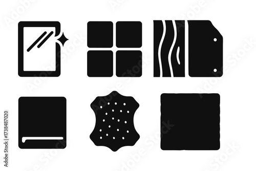 Smooth Surface Icons. Solid, filled icon set of smooth surfaces: glass pane, ceramic tile, wooden floor, metal sheet, plastic panel, leather texture, marble