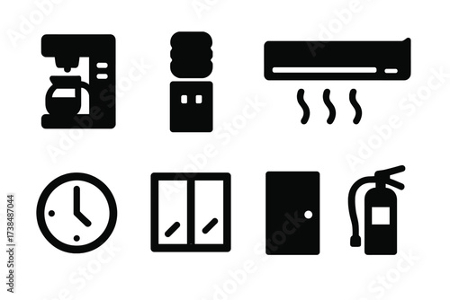 Office Icon Set. Solid, filled icon set of office environment: coffee machine, water cooler, air conditioner, plant, clock, window, door, fire extinguisher.