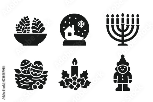 Holiday Centerpiece Icons. Solid, filled icon set of holiday centerpieces: pinecone bowl, snow globe, menorah, pumpkin arrangement, Easter nest, Christmas
