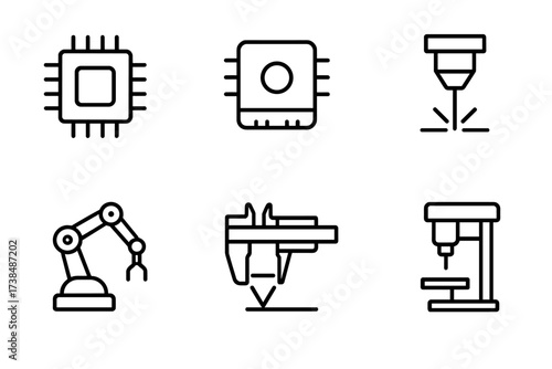 Precision Technology Icons. Outline icon set of precision in technology: circuit chip, microcontroller, sensor, laser beam, robotics arm, digital caliper, 3D