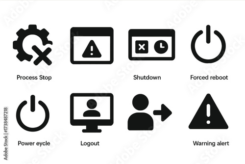 System Icons Set. Solid, filled icon set of system halt: process stop, error message, shutdown confirmation, forced reboot, power cycle, login screen, logout