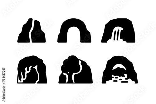 Cave Entrance Icons. Solid, filled icon set of cave entrance types: narrow crack, wide arch, waterfall opening, rock face, dense vines, hidden behind tree,