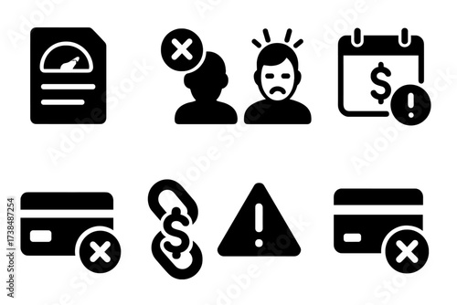 Poor Credit Icons. Solid, filled icon set of poor credit history: credit report, rejected loan, financial stress, payment overdue, blocked card, debt chain,