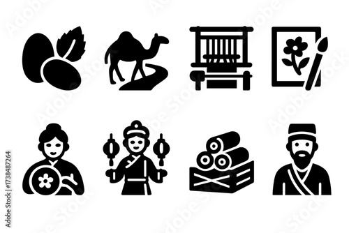 Silk Culture Icons. Solid, filled icon set of silk history and culture: Chinese silk, silk road, silk weaving, silk painting, silk embroidery, silk festival,