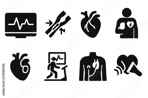 Heartbeat Medical Icons. Solid, filled icon set of heartbeat medical procedures: ECG test, angioplasty, bypass surgery, defibrillation, pacemaker implantation,
