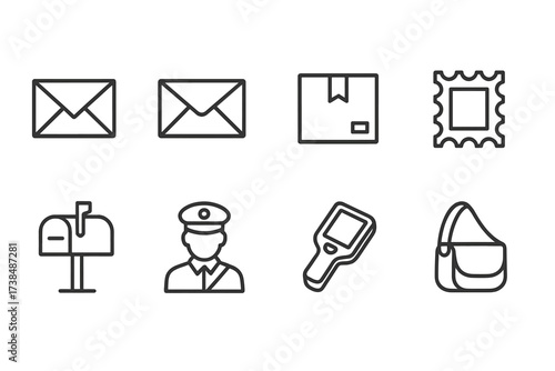 Postal and Navigation Icons. Outline icon set of postal communication: letter, envelope, parcel, stamp, mailbox, postal worker, handheld scanner, mailbag.