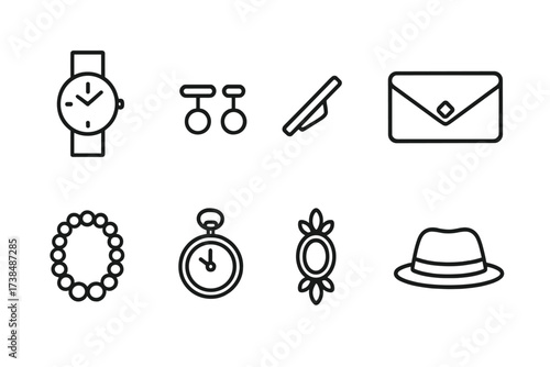 Formal Accessories Icons. Outline icon set of formal accessories: wristwatch, cufflinks, tie clip, clutch bag, pearl necklace, pocket watch, brooch, hat. Line