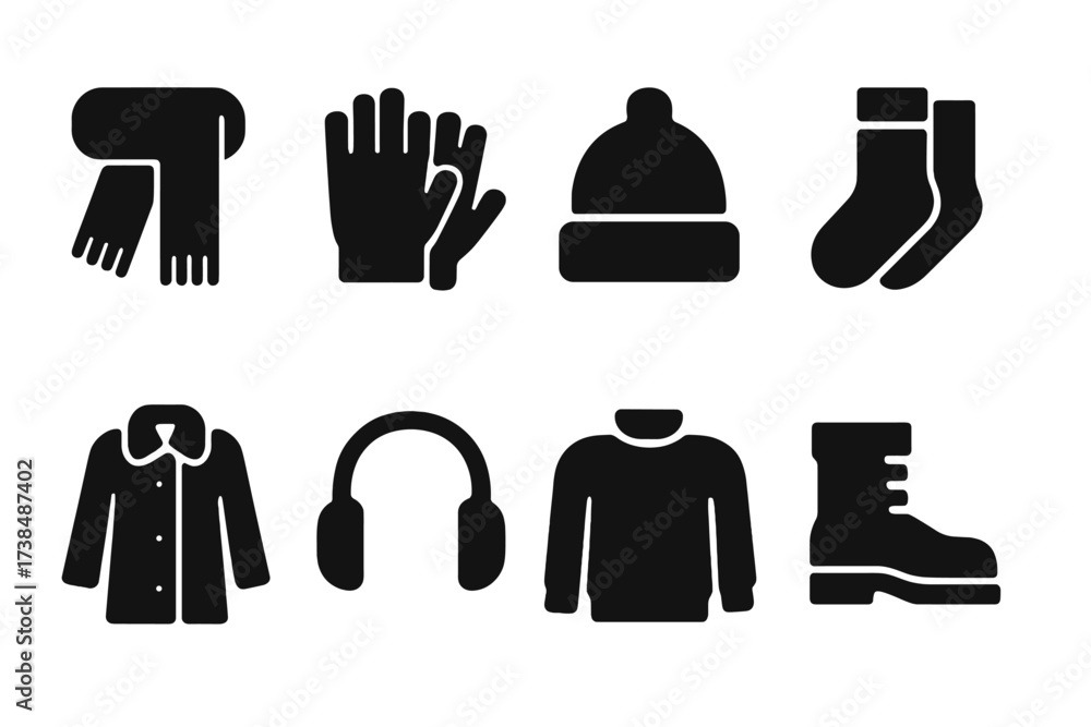 Fototapeta premium Winter Clothing Icons. Solid, filled icon set of warming clothing and accessories: scarf, gloves, hat, thermal socks, coat, earmuffs, sweater, boots. Solid,