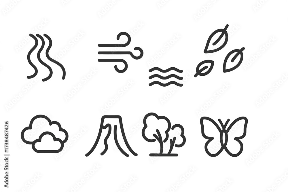 Naklejka premium Nature Movement Icons. Outline icon set of natural movement: flowing river, blowing wind, rolling waves, falling leaves, drifting clouds, flowing lava, swaying