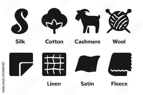 Black Fabric Icons. Solid, filled icon set of gentle fabrics and materials: silk, cotton, cashmere, wool, velvet, linen, satin, fleece. Solid, filled icons in