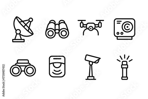 Surveillance Icon Set. Outline icon set of surveillance and detection: radar dish, binoculars, surveillance drone, sonar device, night vision goggles, motion