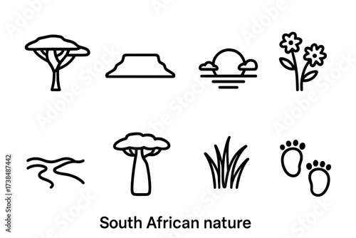 South African Nature Icons. Outline icon set of South African nature: Acacia tree, Table Mountain silhouette, African sunset, Wildflowers, River, Baobab tree,