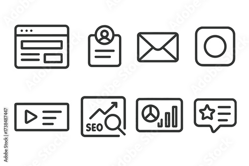 Digital Branding Icons. Outline icon set of digital branding tools: website, social media profile, email signature, app icon, banner ad, SEO graph, analytics
