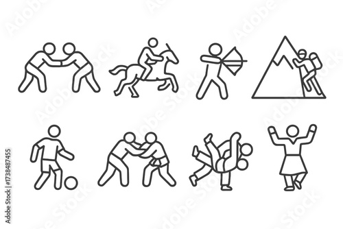 Tajik Sports Icons. Outline icon set of Tajik sports: traditional wrestling, horseback games, archery, mountaineering, football, wrestling, judo, folk dance.
