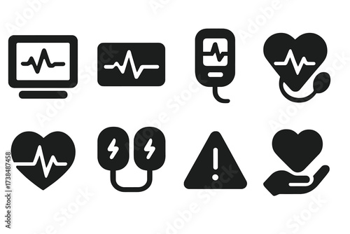 Medical Signal Icons. Solid, filled icon set of pulse medical signals: heartbeat monitor, ECG trace, pulse oximeter, blood pressure, heart rhythm,