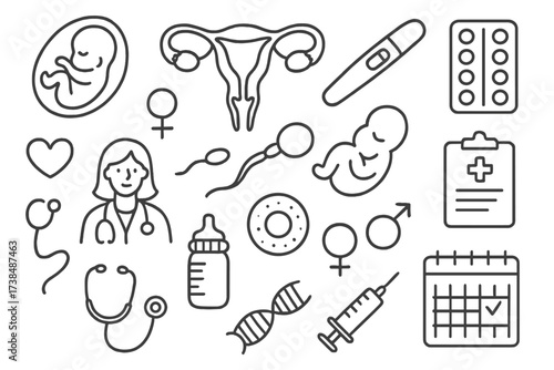 Reproductive Wellness Doodles. Hand-drawn doodle illustration Pregnancy and reproductive wellness embryo, uterus, pregnancy test, contraception pill, sperm,