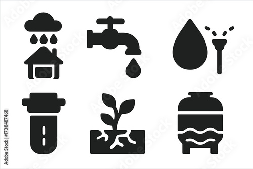 Sustainable Water Icon Set. Solid, filled icon set of sustainable water use: rainwater collection, faucet, water droplet, irrigation system, water filter,