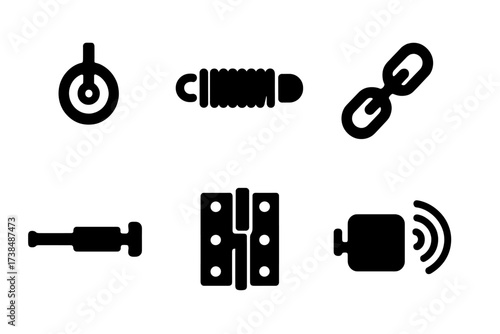 Gate Mechanism Icons. Solid, filled icon set of gate mechanisms: pulley, spring, motor, chain, lock bolt, hinge, latch, sensor. [Line icons in only black