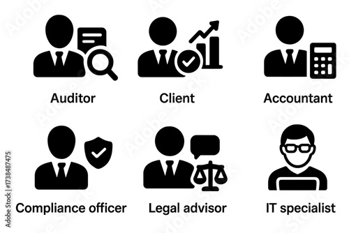 Audit Team Icons. Solid, filled icon set of audit participants: auditor, client, manager, accountant, compliance officer, consultant, legal advisor, IT