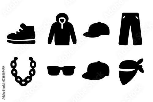Hip Hop Icon Set. Solid, filled icon set of hip hop clothing: sneakers, hoodie, baseball cap, baggy pants, gold chain, sunglasses, snapback, bandana. Solid,