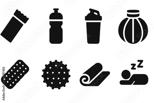 Sprint Nutrition Icons. Solid, filled icon set of sprint nutrition and recovery: energy bar, water bottle, protein shake, ice pack, foam roller, massage ball,