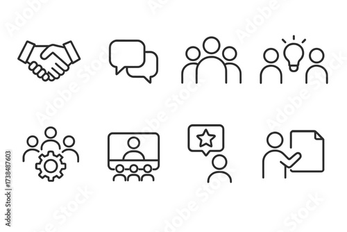 Creative Design Icon Set. Outline icon set of creative collaboration: handshake, chat bubbles, group, idea sharing, teamwork, conference call, feedback, joint