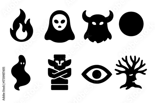 Forest Spirit Icons. Solid, filled icon set of forest spirits: wisp flame, masked entity, horned shadow, light orb, smoke silhouette, totem guardian, eye