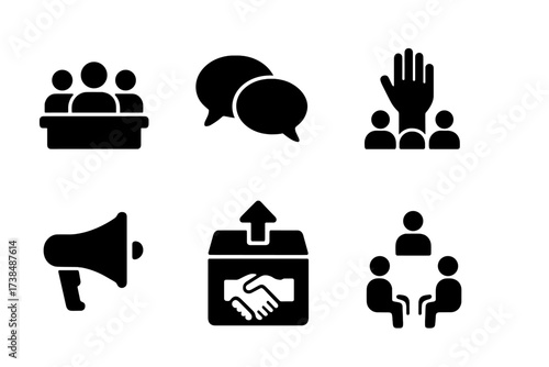 Urban Engagement Icons. Solid, filled icon set of urban community engagement: meeting, speech bubble, ballot box, volunteer, handshake, megaphone, suggestion