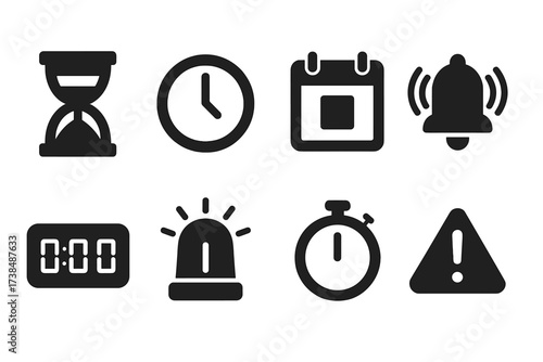 Limited Time Icons. Solid, filled icon set of limited time offers: hourglass, clock, calendar, alarm bell, countdown timer, flashing sign, stopwatch, alert