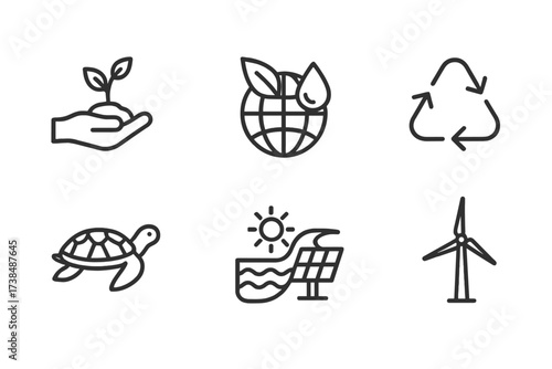 Green Icon Set. Outline icon set of green environment conservation: tree planting, globe with leaf, water drop, recycling arrows, endangered animal, clean