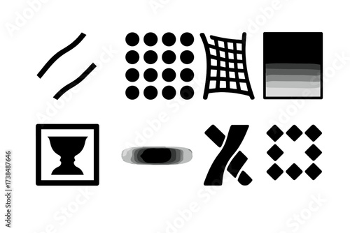 Optical Illusion Icons. Solid, filled icon set of optical tricks: bending line illusion, moving dots, warped grid, gradient fade, shape reversal, motion blur,