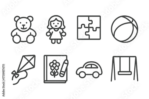Cousin Toys Icons. Outline icon set of cousin toys and entertainment: teddy bear, doll, puzzle, ball, kite, coloring book, toy car, swing. Line icons in only