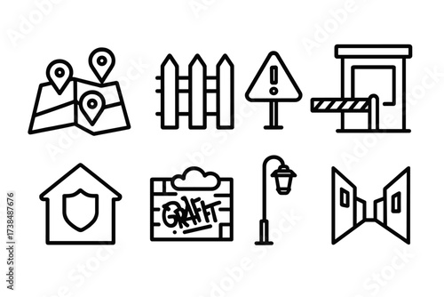 Gang Territory Icons. Outline icon set of gang territory: map with markers, fence, warning sign, checkpoint, safe house, graffiti wall, street light, alleyway.