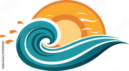 Vector art of stylized image of a sun and ocean wave, representing summer, vacation, or a beach getaway