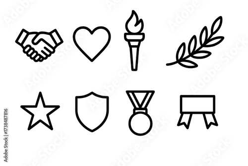 Legacy Values Icons. Outline icon set of legacy values: handshake, heart, torch, olive branch, star, shield, medal, ribbon. Line icons in only black color,