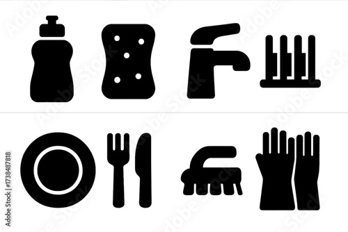 Dishwashing Icon Set. Solid, filled icon set of dish washing: dish soap bottle, sponge, water tap, dish rack, plate, fork and knife, scrub brush, gloves. [Line