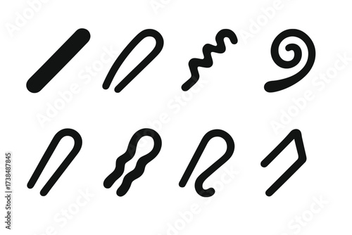 Hairpin Icon Set. Solid, filled icon set of hairpin shapes: straight, curved, zigzag, spiral, looped, twisted, hooked, angular. Solid, filled icons in only