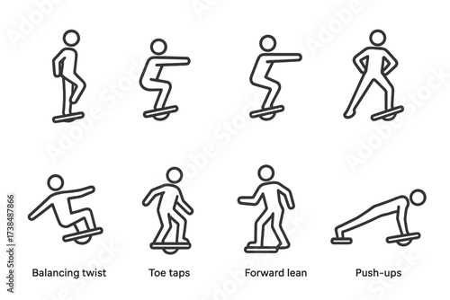 Balance Board Exercise Icons. Outline icon set of balance board exercises: single leg stand, squats, plank on board, side lunges, balancing twist, toe taps,