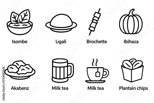 Rwandan Cuisine and Symbols. Outline icon set of Rwandan cuisine: Isombe, Ugali, Brochette, Ibihaza (pumpkin), Akabenz (fried pork), Rwandan banana beer, Milk