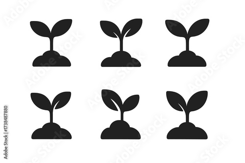 Plant Sprout Logos. Fertile soil. Set Logo of Plant sprout: Plant sprout. Filled silhouette, Stylized detail, Negative space, Minimal outline, Iconic shape,
