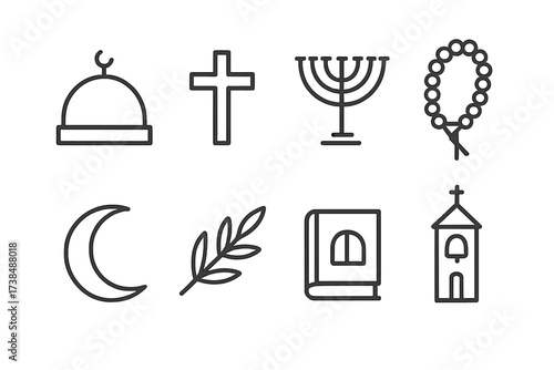 Palestinian Religious Icons. Outline icon set of Palestinian religious symbols: Mosque dome, Church cross, Menorah, Prayer beads, Holy book, Crescent moon,