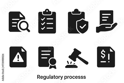 Regulatory Icons Set. Solid, filled icon set of regulatory processes: inspection, compliance checklist, audit, report filing, risk assessment, certification,