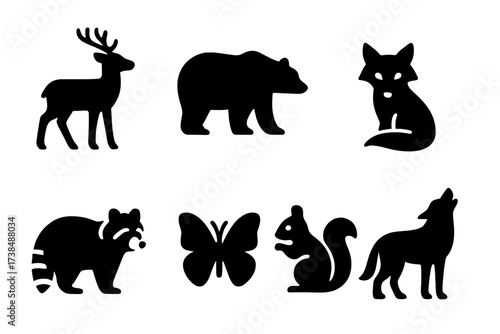 Wildlife Icon Grid. Solid, filled icon set of camp wildlife: deer, bear, fox, owl, raccoon, butterfly, squirrel, wolf. [Solid, filled icons in only black